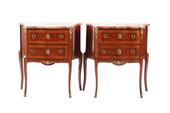 Appraisal: PAIR MARQUETRY-INLAID PETITE COMMODES WITH MARBLE TOPS th century Bresche