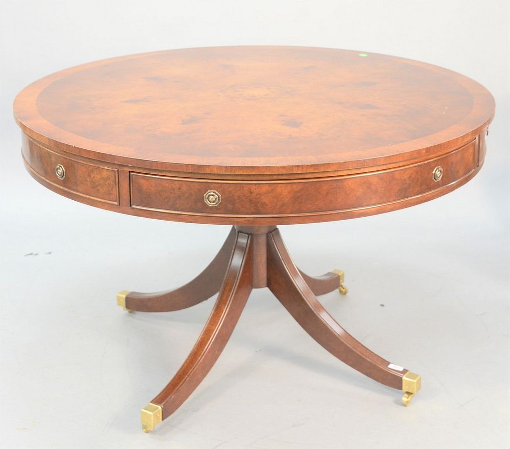 Appraisal: Inlaid drum table having burl top and drawers set on