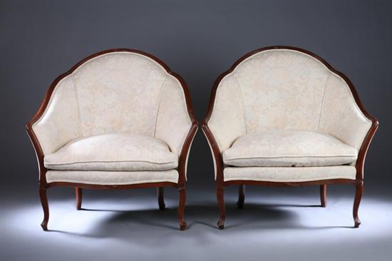 Appraisal: PAIR MAHOGANY REEDED-FRAME BERGERES OF GENEROUS PROPORTIONS Late th century