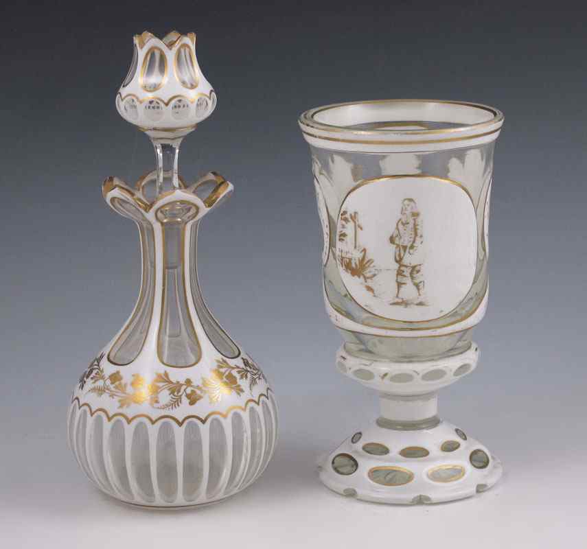 Appraisal: PIECE EARLY BOHEMIAN WHITE OVERLAY FLACON AND BEAKER Beaker ''