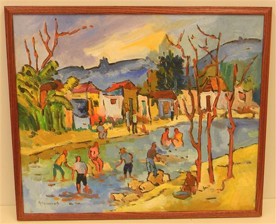 Appraisal: George Desarmes oil on canvas Washing in the River figures