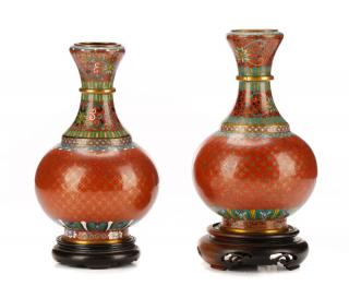 Appraisal: Pair Ching Dynasty Cloisonne Garlic Mouth Vases Chinese Ching Dynasty