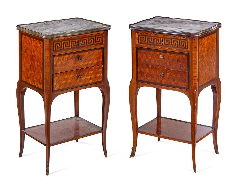 Appraisal: A Pair of Louis XV Style Parquetry Marble-Top Side Tables