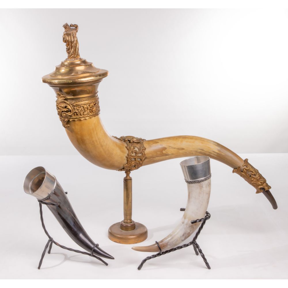 Appraisal: GERMAN DRINKING HORN ASSORTMENT items including a larger ceremonial drinking