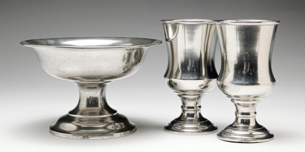 Appraisal: AMERICAN PEWTER BAPTISMAL BOWL AND CHALICES Roswell Gleason Dorchester Massachusetts