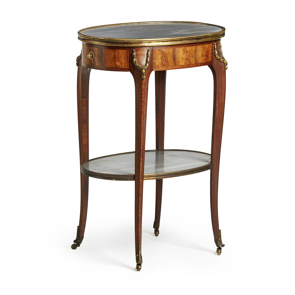 Appraisal: LOUIS XVI STYLE ACAJOU AND MARBLE TOP BOUILLOTE TABLE TH