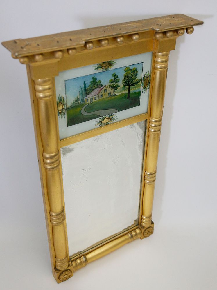 Appraisal: Gilt Mirror with Eglomise Country Home Reverse Painting on Glass