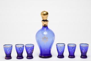 Appraisal: Judaica Bohemian Cobalt Painted Decanter Glasses Czech or Bohemian glass