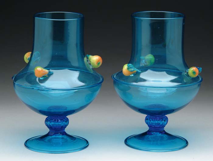 Appraisal: PAIR OF BLUE VASES Transparent blue vases with ribbed ball