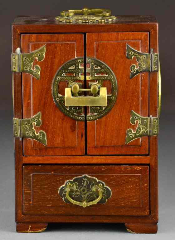 Appraisal: Chinese Qing Huanghuali Bronze Mount Jewelry CheWith two drawers opening