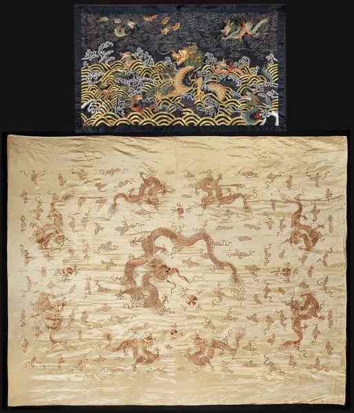 Appraisal: Chinese embroideries depicting dragons Larger yellow ''H x ''W Smaller