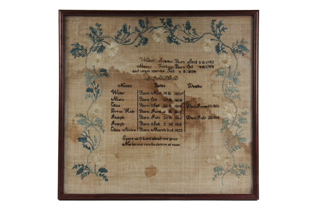 Appraisal: EARLY SAMPLER - Family Birth Record of Walter Marcy nee