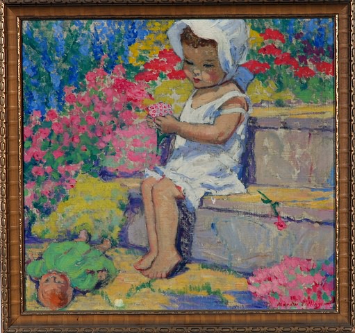 Appraisal: Young girl wearing white bonnet sitting on a bench surrounded