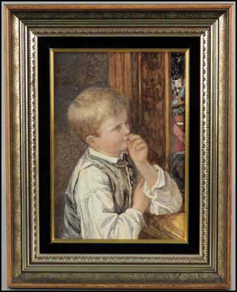 Appraisal: FRAMED PORCELAIN PLAQUE Depicting a young boy ''x '' Condition