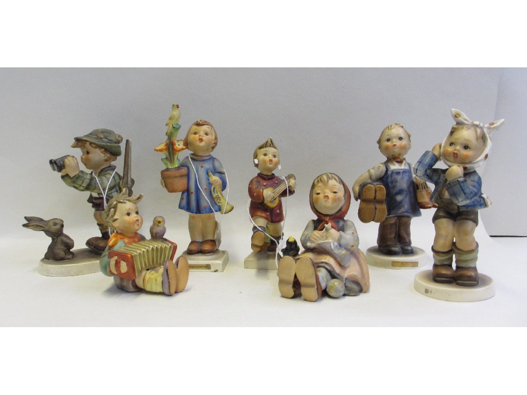 Appraisal: Seven Hummel figures to include Happy Pastime TMK Good Hunting