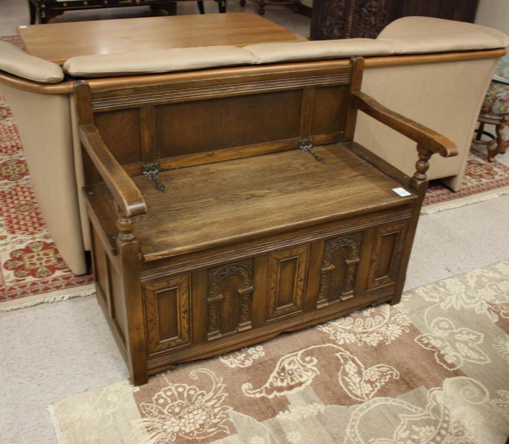 Appraisal: TUDOR STYLE OAK BENCH WITH LIFT SEAT Old Charm Collection