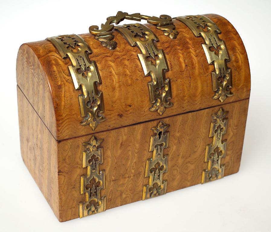 Appraisal: VICTORIAN BRASS-BOUND BURR WALNUT DOME-TOP STATIONERY CASKET with scroll-cast handle