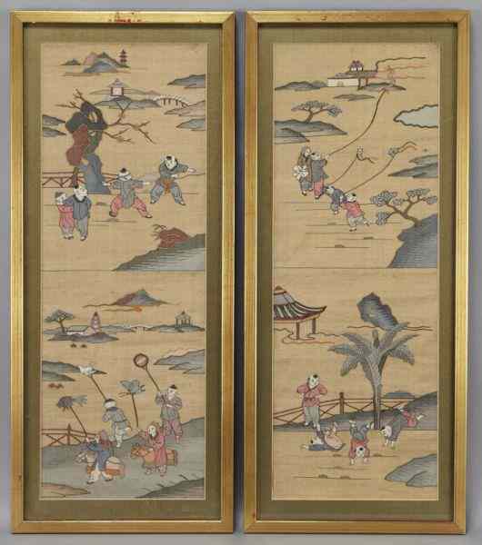 Appraisal: Pr Chinese Qing framed kesi panels depictingchildren flying kites in