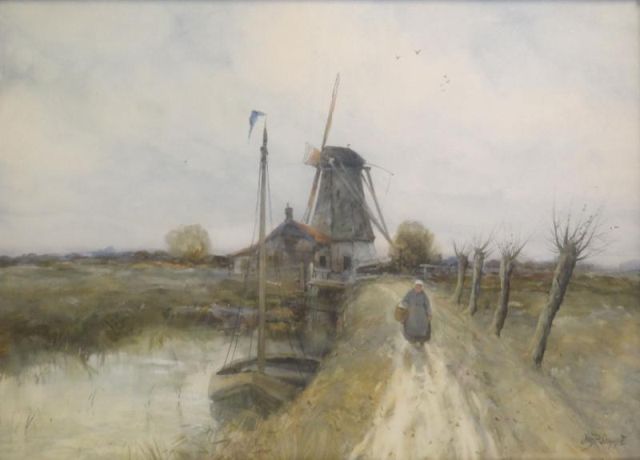 Appraisal: GRUPPE Charles P Watercolor Figure in DutchLandscape Signed lower right