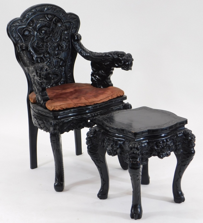 Appraisal: JAPANESE BLACK LACQUER CARVED WOOD CHAIR AND STOOL Japan th