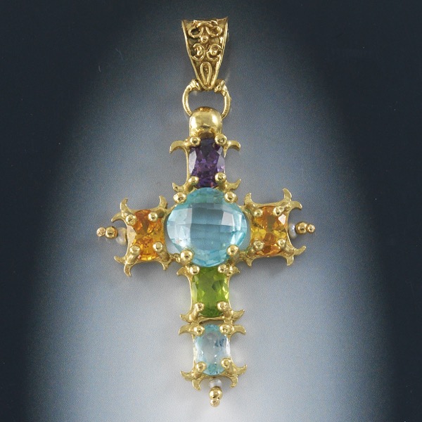 Appraisal: LARGE GEMSTONE CROSS - L x W k yellow gold