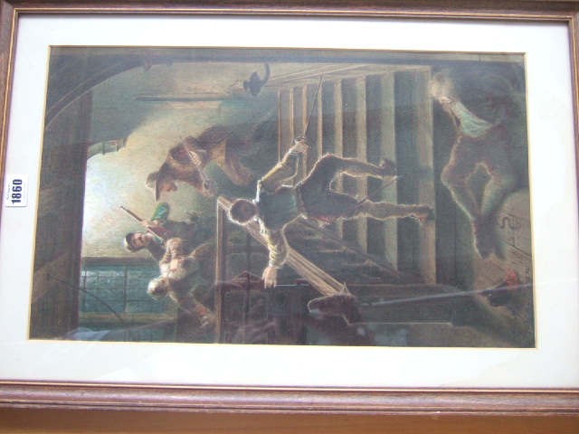 Appraisal: William Homes Sullivan d An ambush on the staircase watercolour