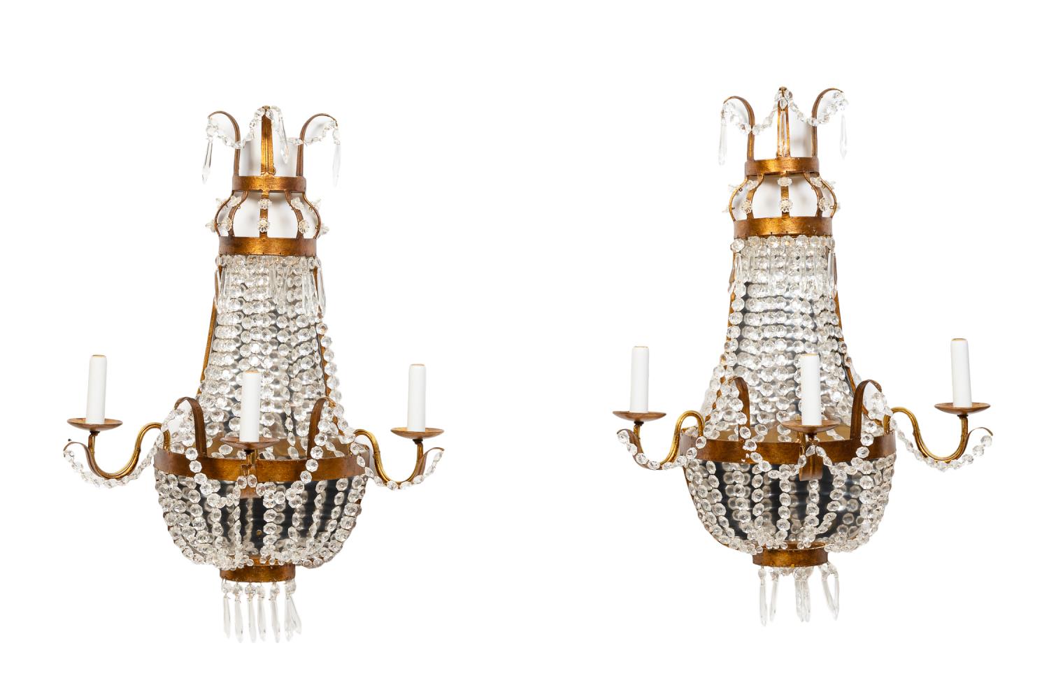 Appraisal: PR EMPIRE STYLE THREE LIGHT BASKET SCONCES Pair of three