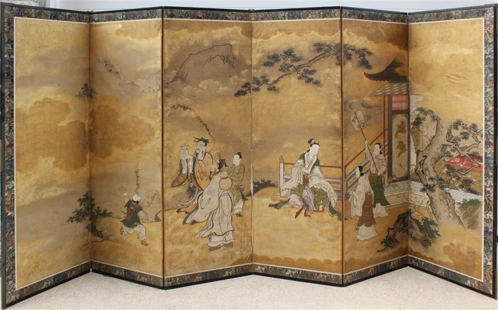 Appraisal: JAPANESE SIX-PANEL SCREEN EDO PERIOD TH C ink and color