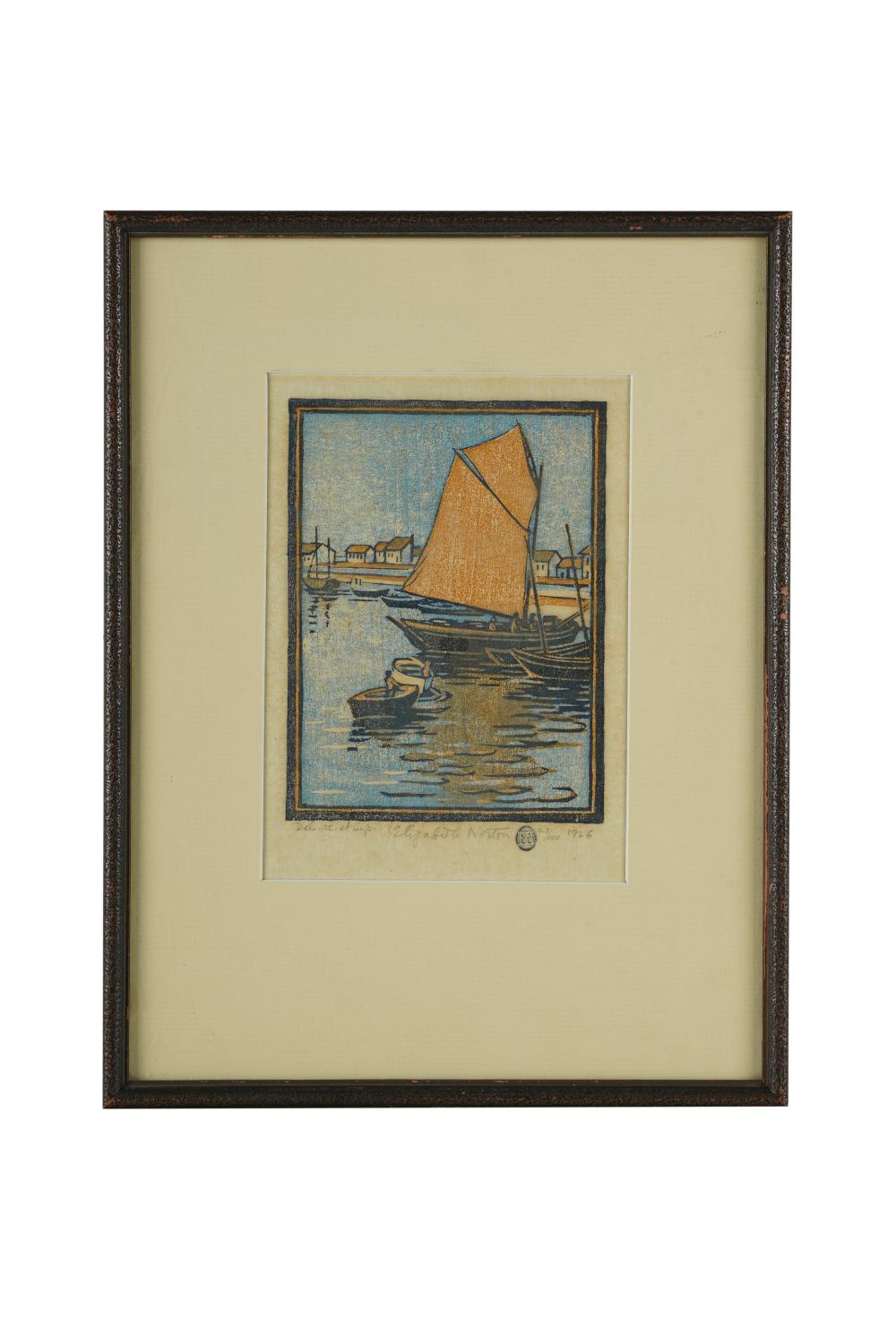 Appraisal: ELIZABETH NORTON - FISHING BOATS BRITTANY colored woodblock print signed