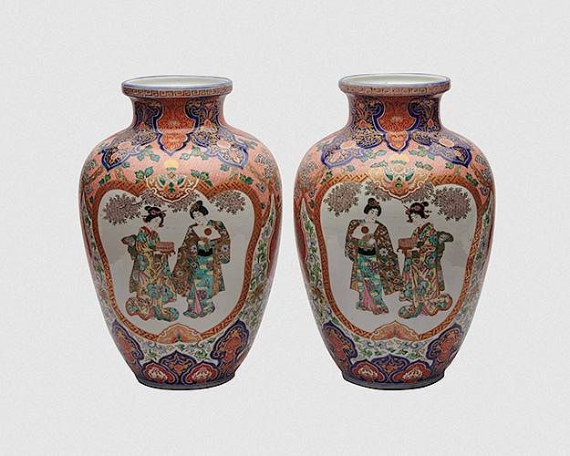 Appraisal: Pair of Japanese Imari Figural Decorated Vases Pair of Japanese