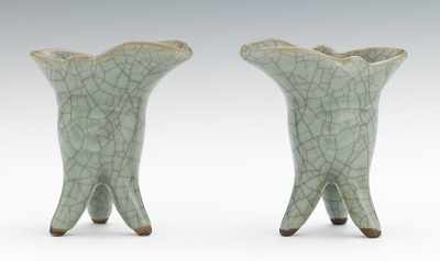 Appraisal: A Pair of Jue Shape Celadon Color Pottery Vessels Thickly