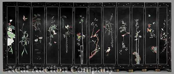 Appraisal: A Monumental Chinese Carved and Painted Twelve Panel Screen the