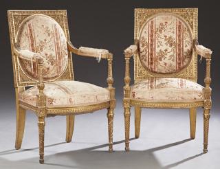 Appraisal: Pair of French Louis XVI Style Carved Gilt Wood Fa