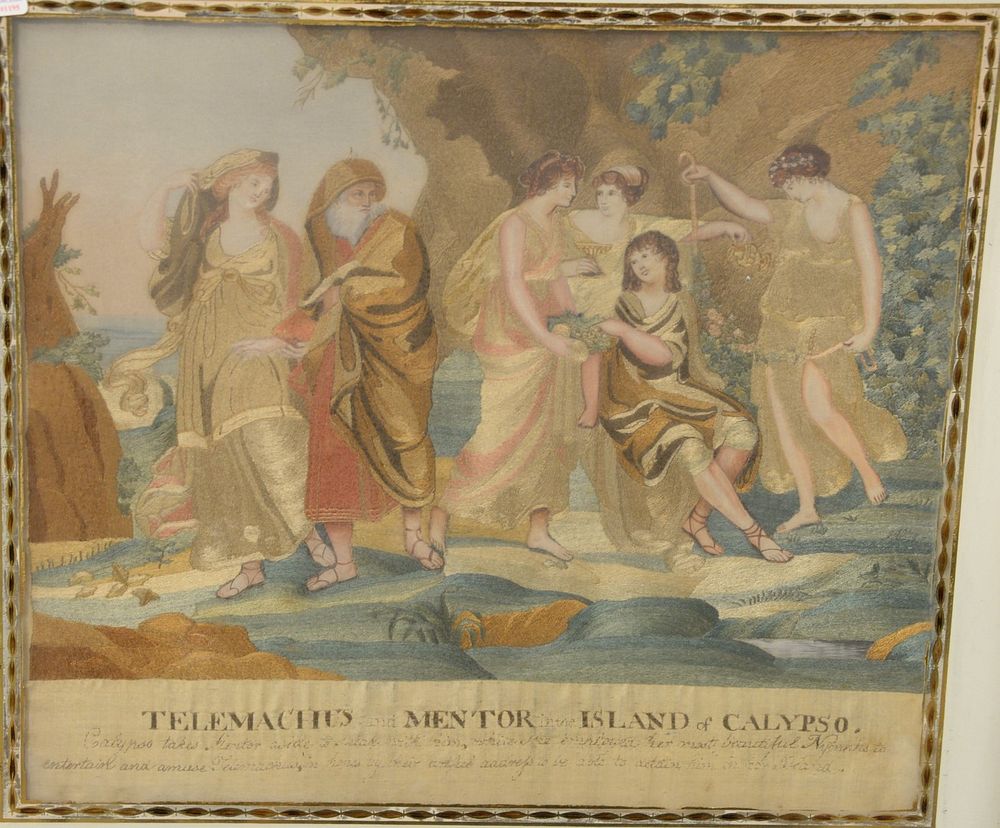 Appraisal: Framed Silk Embroidery and Watercolor Telemachus and Mentor in the