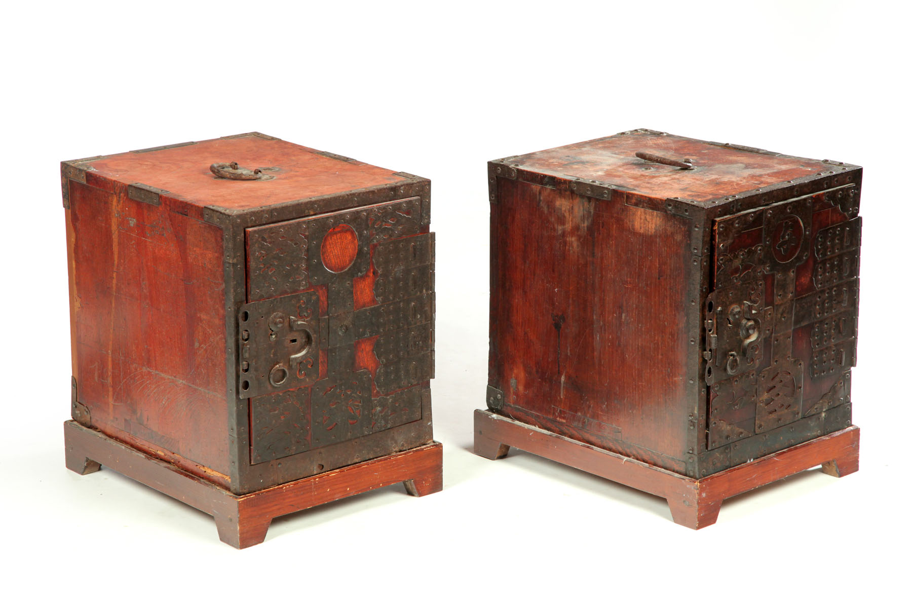 Appraisal: PAIR OF IRON-BOUND STORAGE CHESTS Asian th century elm Iron-bound