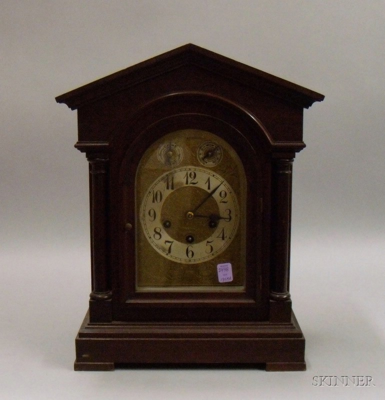 Appraisal: Junghans Quarter-Chiming Bracket Clock Germany pitched pediment freestanding columns flanking