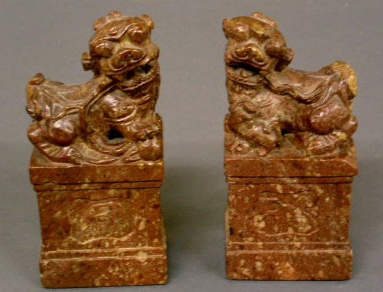 Appraisal: Pair of Chinese soapstone Foo dogs c h