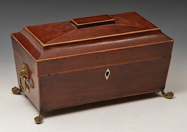 Appraisal: A TH CENTURY EXOTIC WOOD SARCOPHAGUS SHAPED TEA CADDY with