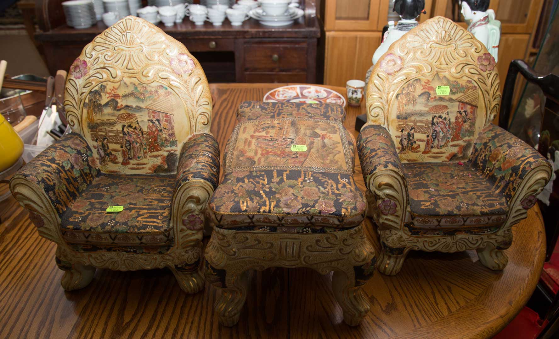 Appraisal: pieces of Satsuma decorated furniture including two armchairs and a