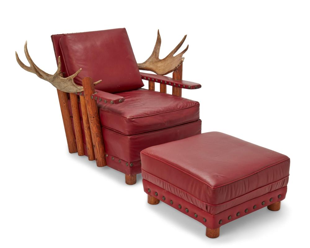 Appraisal: A New West moose antler club chair with ottoman st