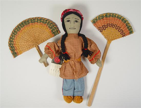 Appraisal: Cherokee Indian Male Doll Two Fans Late th Century Cotton