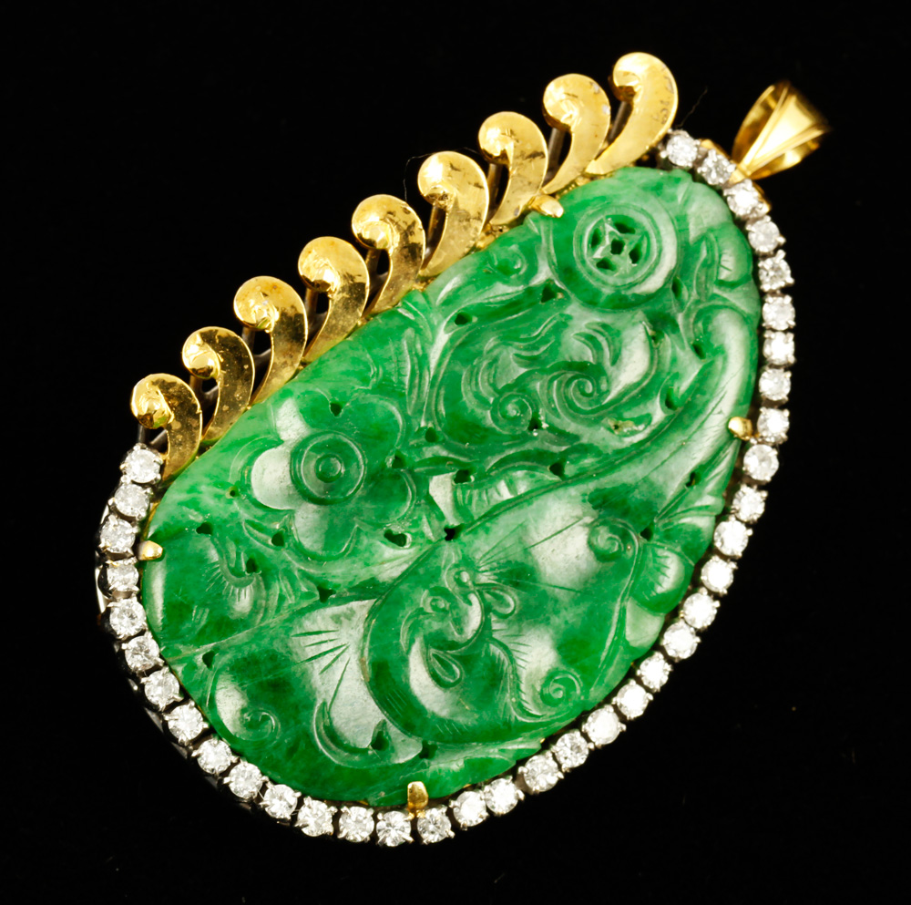 Appraisal: - K Diamond and Jade Brooch Pendant K white and