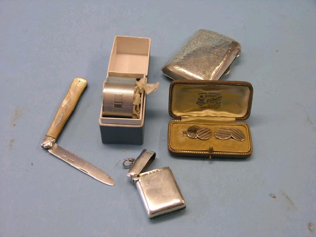 Appraisal: Small silverware engraved cigarette case vesta case engine-turned napkin ring