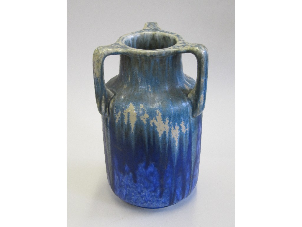 Appraisal: Ruskin pottery three handled vase with green blue crystaline glaze