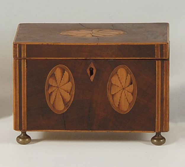 Appraisal: ANTIQUE HEPPLEWHITE TEA CADDY Late th CenturyIn mahogany veneers with