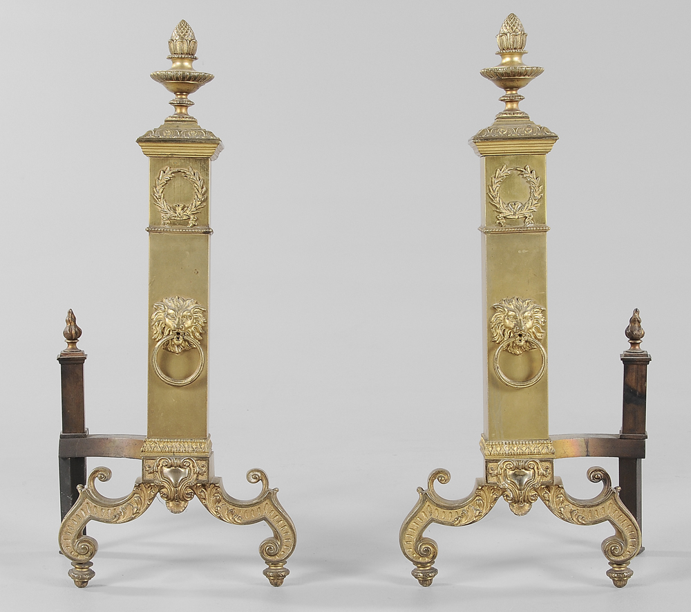 Appraisal: Pair Empire Style Bronze Andirons th century each with wreath