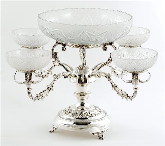 Appraisal: Classical style crystal and silverplate epergne central bowl on leaf-form