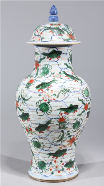 Appraisal: Chinese famille verte enameled porcelain covered vase with fish and