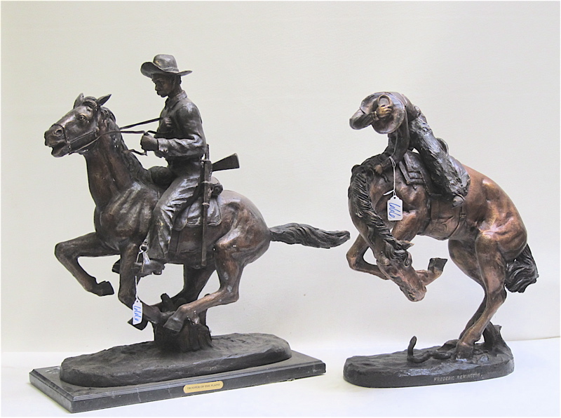 Appraisal: TWO WESTERN BRONZE HORSE AND RIDER SCULPTURES after Frederic Sackrider