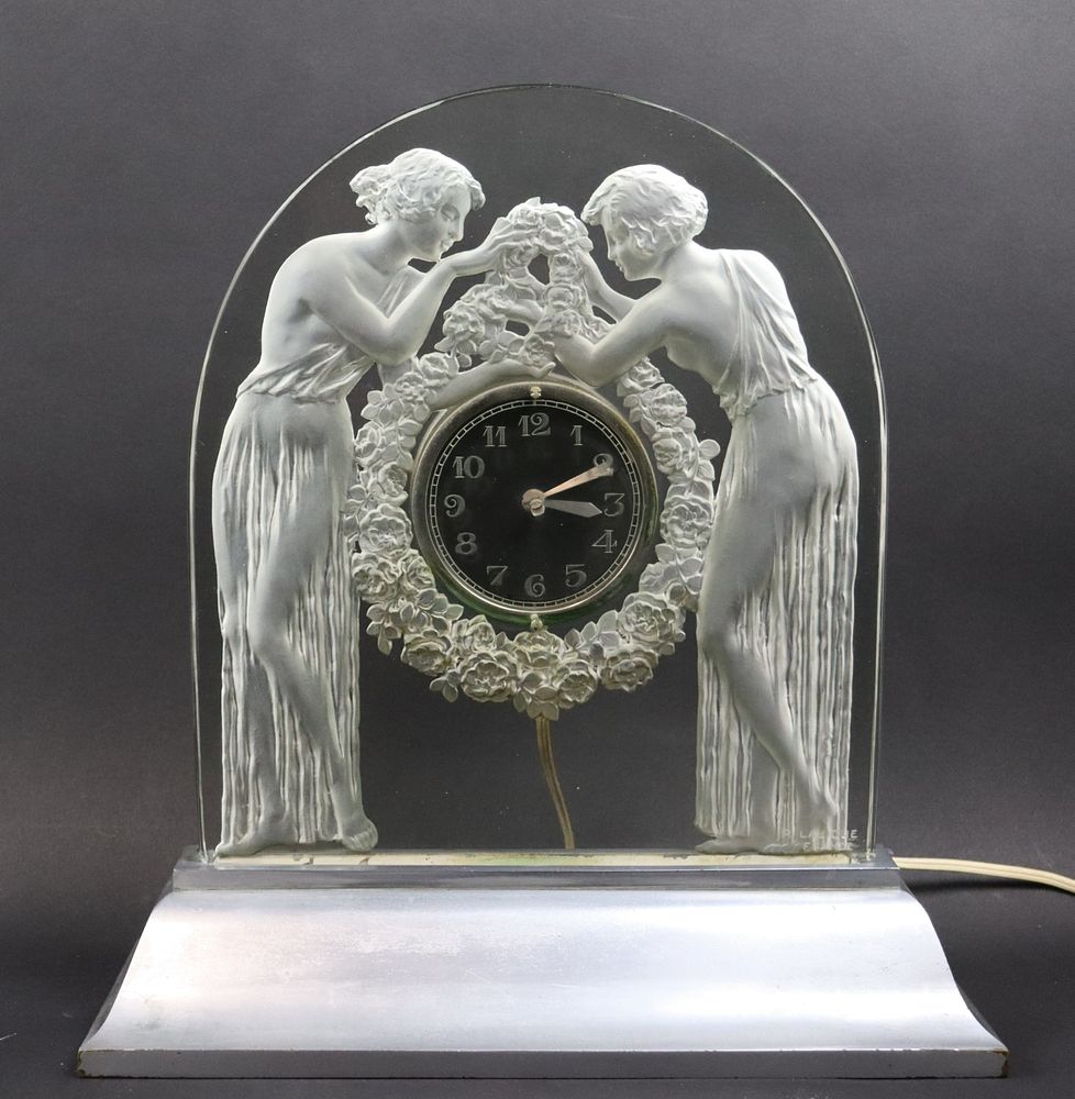 Appraisal: Ren Lalique Signed Deux Figurine Bedside Clock Molded frosted glass